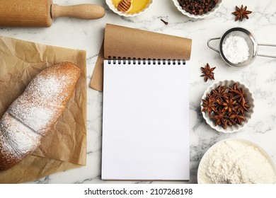 Blank Recipe Book, Cooking Utensils And Ingredients On White Marble Table, Flat Lay. Space For Text