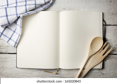 Blank Recipe Book On Wooden Table 