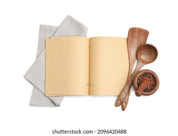 Blank Recipe Book, Spices, Napkin And Wooden Utensils On White Background, Top View. Space For Text