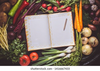 Blank Recipe Empty Cook Book Mockup With Fresh Vegetables. Vegan Raw Food. Healthy Eating Concept With Copy Space.