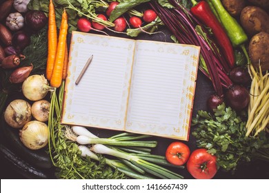 Blank Recipe Empty Cook Book Mockup With Fresh Vegetables. Vegan Raw Food. Healthy Eating Concept With Copy Space.