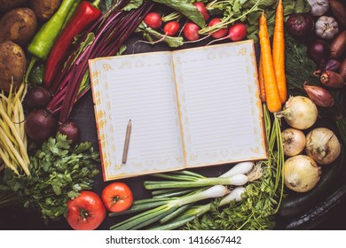 Blank Recipe Empty Cook Book Mockup With Fresh Vegetables. Vegan Raw Food. Healthy Eating Concept With Copy Space.