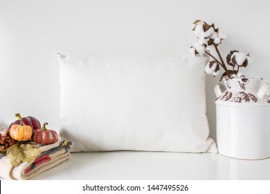 Blank Rectangle White Pillow With Pumpkins, Blanket And Cotton, Fall Pillow Mockup
