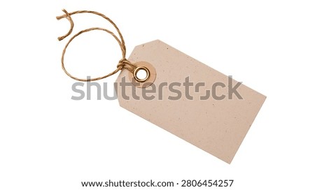 Blank rectangular paper gift tag with brown twine string and metal eyelet