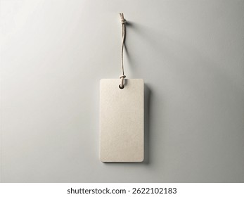 Blank rectangular tag made of light-colored material hanging from a string against a smooth, neutral background – Minimalist Branding Concept