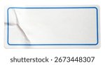 Blank rectangular white label sticker with a blue border, showing a crease and isolated on a white background, perfect for a text or copy space template.