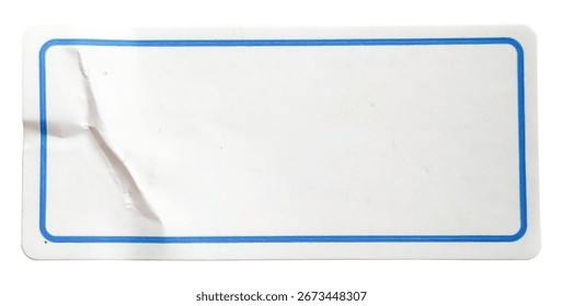Blank rectangular white label sticker with a blue border, showing a crease and isolated on a white background, perfect for a text or copy space template.