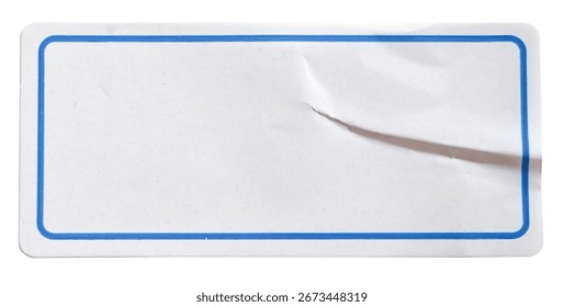 Blank rectangular white label sticker with a blue border, showing a crease and isolated on a white background, perfect for a text or copy space template.