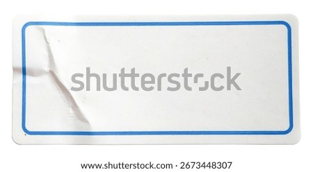 Blank rectangular white label sticker with a blue border, showing a crease and isolated on a white background, perfect for a text or copy space template.
