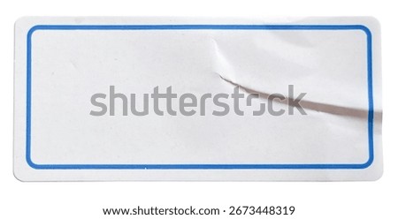 Blank rectangular white label sticker with a blue border, showing a crease and isolated on a white background, perfect for a text or copy space template.