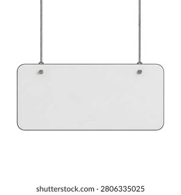 Blank rectangular white sign board with rounded corners hanging from two silver metal chains, isolated on a white background, for custom text, and signage display purposes