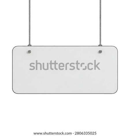Blank rectangular white sign board with rounded corners hanging from two silver metal chains, isolated on a white background, for custom text, and signage display purposes