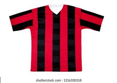 Blank Red And Black Strips Football T Shirt Template Isolated On White Background. T-shirt Design Close Up 