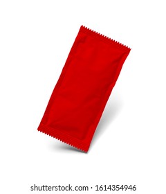 Blank Red Condiment Packet Floating Isolated On White Background.