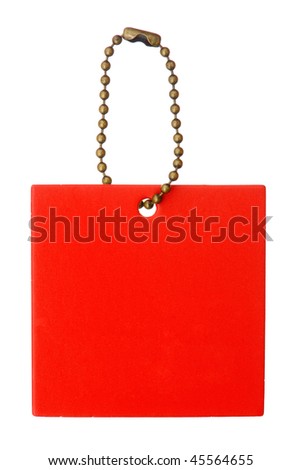 A blank red square label with chainlet isolated on white background
