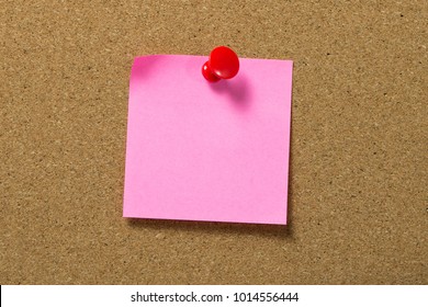 Blank Red Sticky Note Pad Pinned To Corkboard Using A Red Thumb Tack Pin