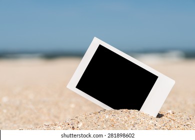 Blank Retro Instant Photo On Beach Sand In Summer