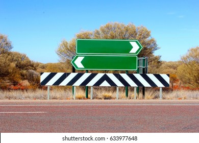 Blank road sign boards, signage in two directions at highway crossing in Australian outback, Australia
