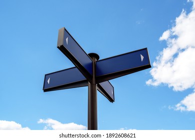 Blank road sign on blue sky background, copy space for text. 