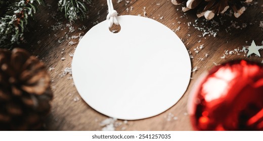 Blank round ornament on wooden table with pine cones and red bauble. Festive ornament, perfect for holiday decoration. Christmas decorations elements with copy space on paper tag. - Powered by Shutterstock