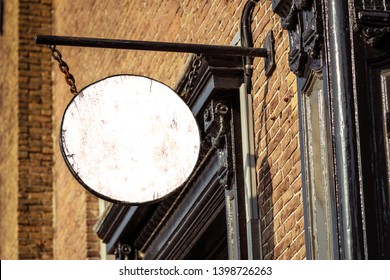 Blank Round Store Signboard Mockup Street Sign With Empty Circular Shop Template Mounted On Brick Wall For Signage