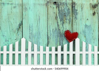 Blank Rustic Antique Wood Mint Green Sign With Country Red Heart On White Picket Fence; Valentine's Day And Love Concept With Painted Wooden Copy Space