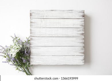 Blank Rustic White Wood Sign With Flower Decor, Mock Up