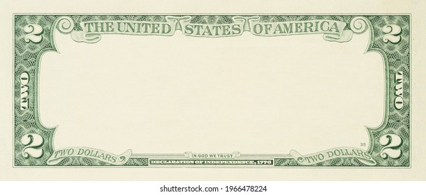 Blank Sample Of US Two Dollar Banknote With Empty Middle Area, Front Side. Blank Reverse Side Two Dollar Bill For Design Purposes. Mock Up With Empty Portrait Frame.