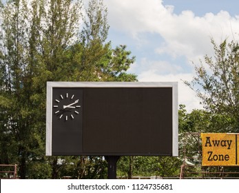 Blank Score Board And Clock At Football Stadium.Outdoor Sport.