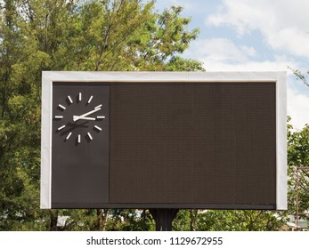 Blank Score Board And Clock At Football Stadium.Outdoor Sport.