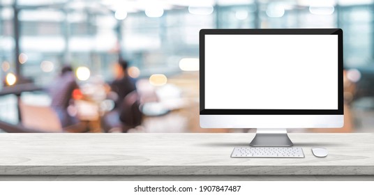 Blank Screen Desktop Computer On Wooden Table Top With Blur People Working At Creative Office Bokeh Background,Mock Up For Display Or Montage Of Design