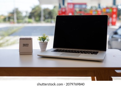 Blank Screen Desktop Computer On A Wooden Tabletop With Blur Background, 2020, Mock Up For Display Or Montage Of Design.