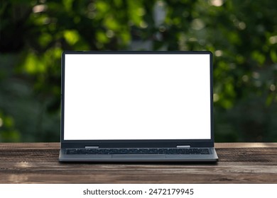 Blank screen laptop computer on background picturesque nature, outdoor office. Travel concept. Business ideas. Choice of travel. Copy space. Online store. technology digital cyberspace. web network. - Powered by Shutterstock