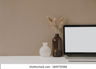Blank screen laptop. Home office desk table workspace with fluffy plant in bottle on pastel beige background. Copy space mockup blog, website template. Blogger, outsourcing freelancer hero header.