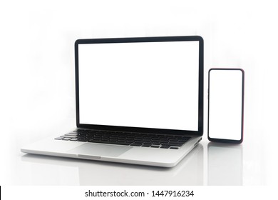 Blank screen notebook, laptop and mobile phone on isolated white background with clipping path. front view.