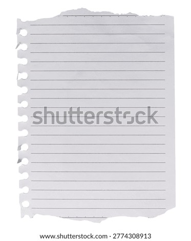 A blank sheet of lined paper torn from a spiral bound notebook with jagged edges and punch holes on an isolated background.