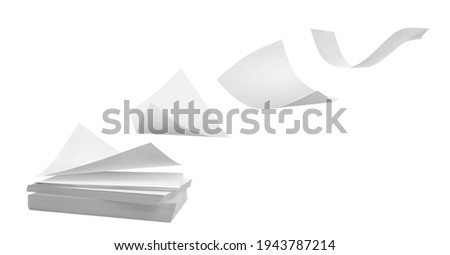 Blank sheets of paper flying on white background. Banner design 