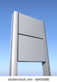 Blank Signpost In Brushed Aluminum On Lawn With Blue Sky , Isolated With Clipping Path