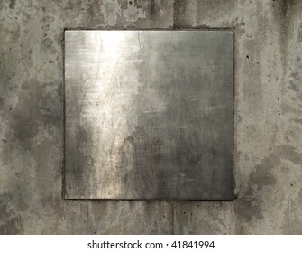 Blank silver metal plate on grungy wall