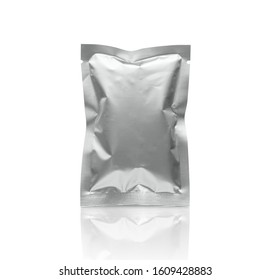 Blank Silver Metallic Packaging Foil Sachet Bag Isolated On White Background With Clipping Path