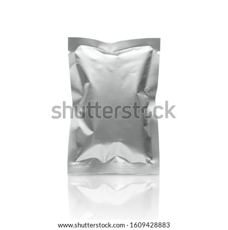 Blank silver metallic packaging foil sachet bag isolated on white background with clipping path