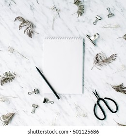 Blank Sketchbook On Marble Background. Flat Lay, Top View Office Table