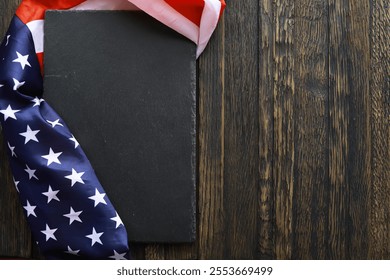 Blank Slate with American Flag on Rustic Wooden Surface for Patriotic Background - Powered by Shutterstock