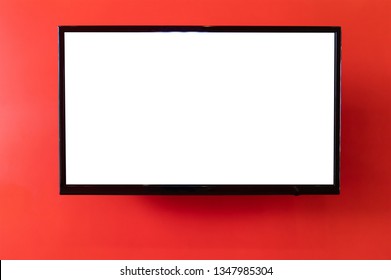 Blank Smart TV Hanging On Red Concrete Wall.