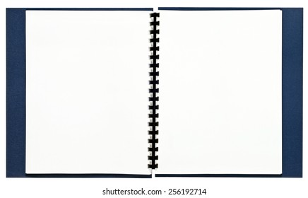 Blank Spiral Bound Opened Book With Blue Cover On White Background