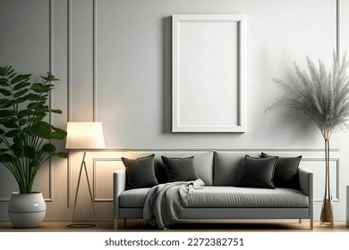 Blank square frame mockup for artwork or print on white or gray wall with torchere, eucalyptus green plant in vase and sofa scandinavian style, copy space. - Shutterstock ID 2272382751