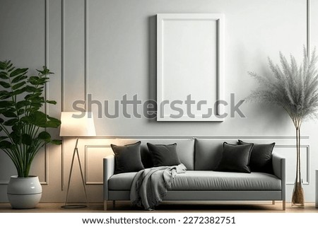 Blank square frame mockup for artwork or print on white or gray wall with torchere, eucalyptus green plant in vase and sofa scandinavian style, copy space.