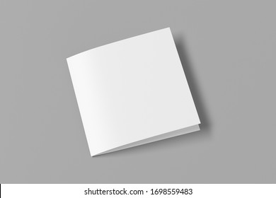 Blank Square Pages Leaflet On Gray Background. Bi-fold Or Half-fold Closed Brochure Isolated With Clipping Path. Side View. 3d Illustration