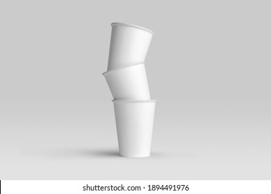 Blank stack of paper coffee cups on a white background, packaging mockup with empty space to display your branding design.