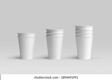 Blank Stack Of Paper Coffee Cups On A White Background, Packaging Mockup With Empty Space To Display Your Branding Design.